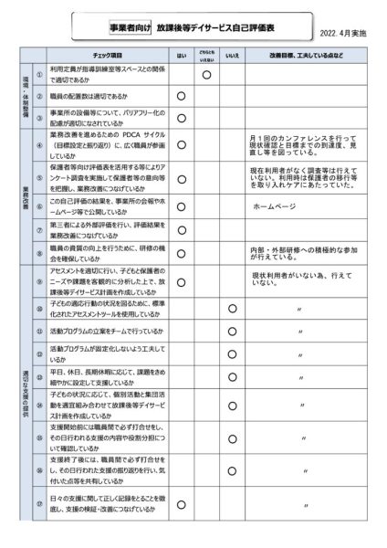 放課後等デイサービス自己評価表のサムネイル