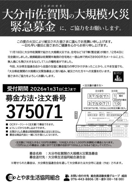大分佐賀関の大規模火災緊急募金募集チラシのサムネイル